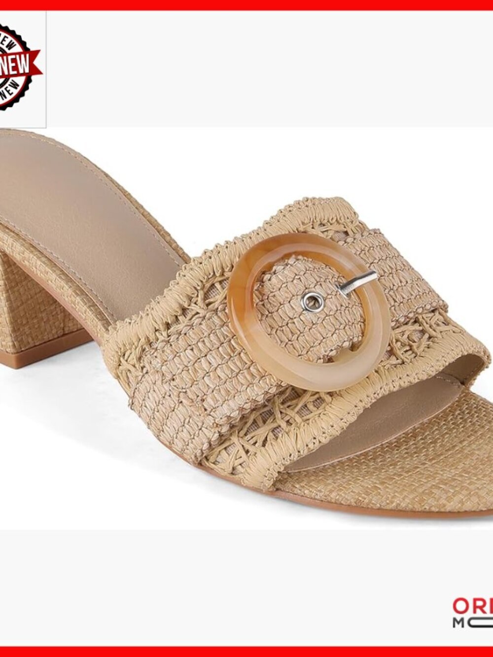 Raffia Mule Slides with 2.5-Inch Chunky Heel, Open Toe Backless Sandals